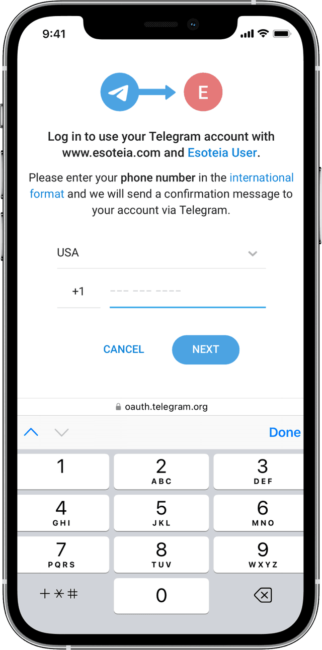 Login via Telegram screenshot